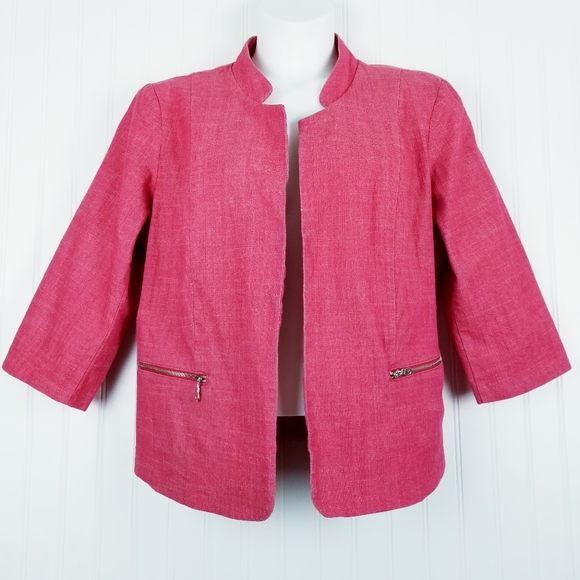 Roz & Ali 1X Plus Size Neon Pink Boxy Open Front Blazer 3/4 Sleeve Jacket Lined - Picture 2 of 10